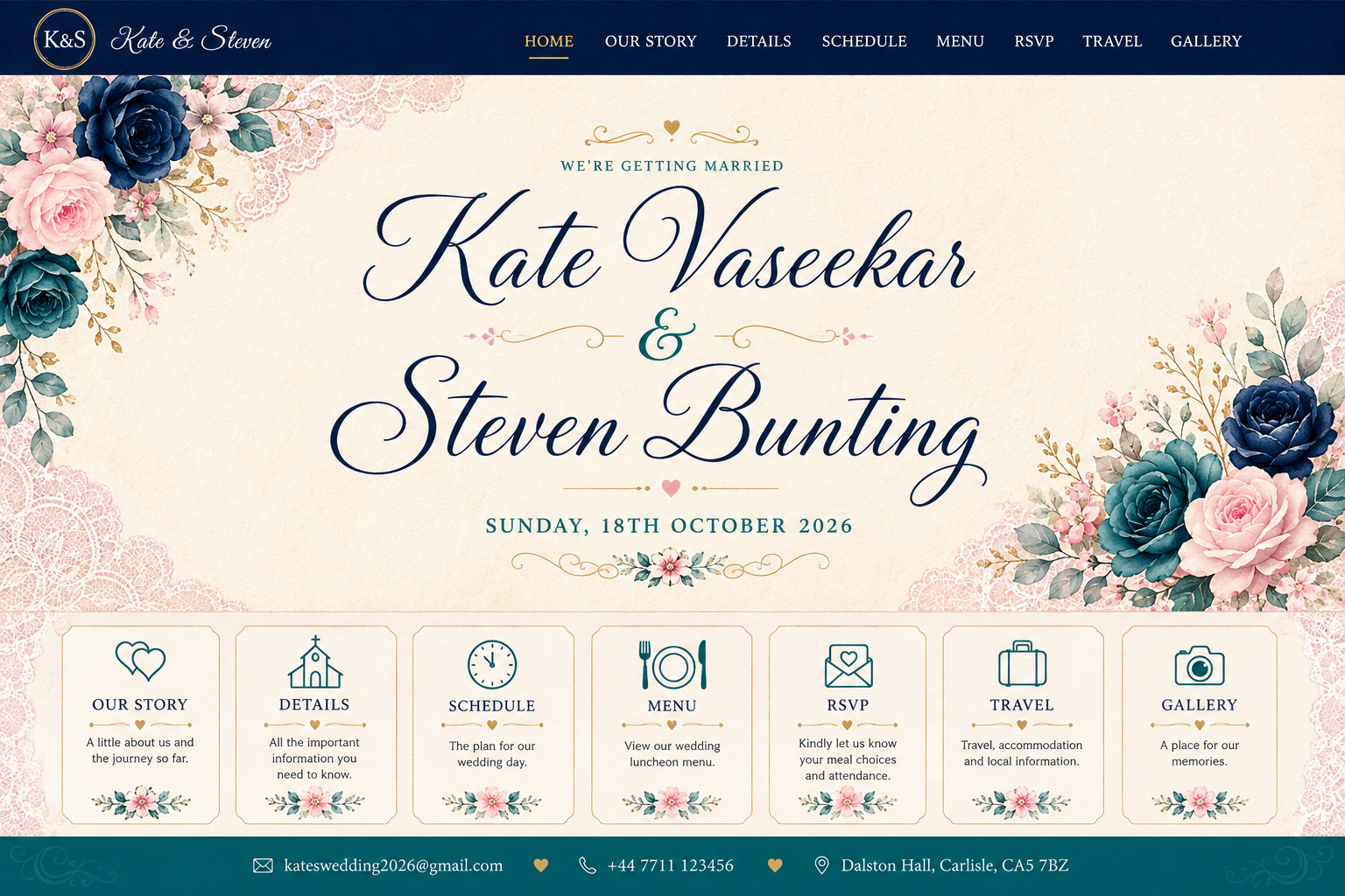 Kate Vaseekar and Steven Bunting wedding invitation, Sunday 18 October 2026